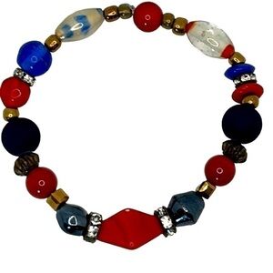Handmade Red Glass & Blue Antique Copper Tone Beaded Bracelet